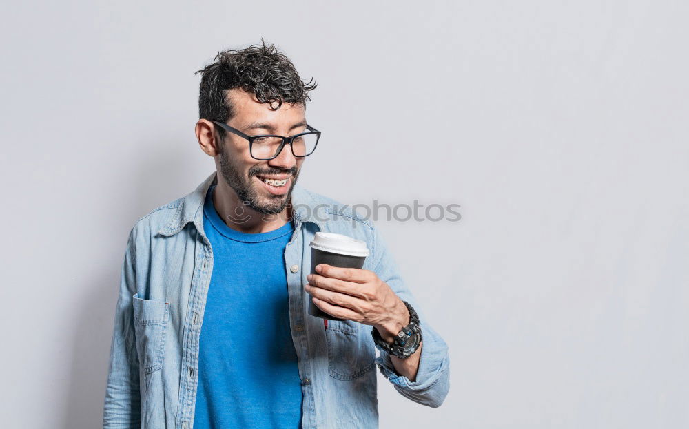 Image, Stock Photo Portrait of a man with mustache using his smartphone.