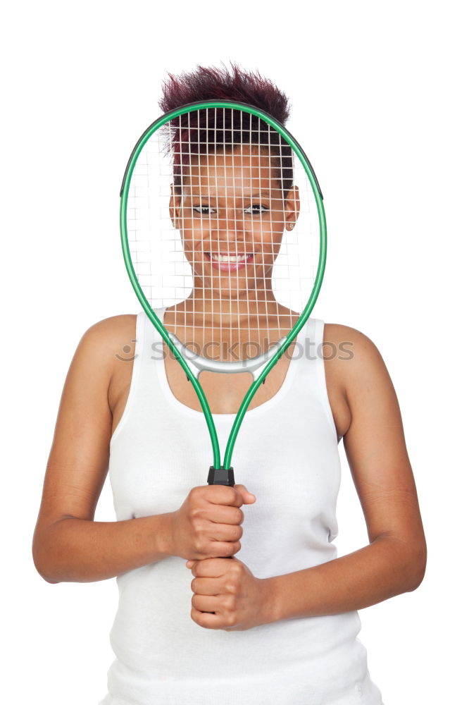 Similar – Face of a young woman hiding behind a featherball bat. Repeating the colour red. Sports grouch. Unsportsmanlike. Defense