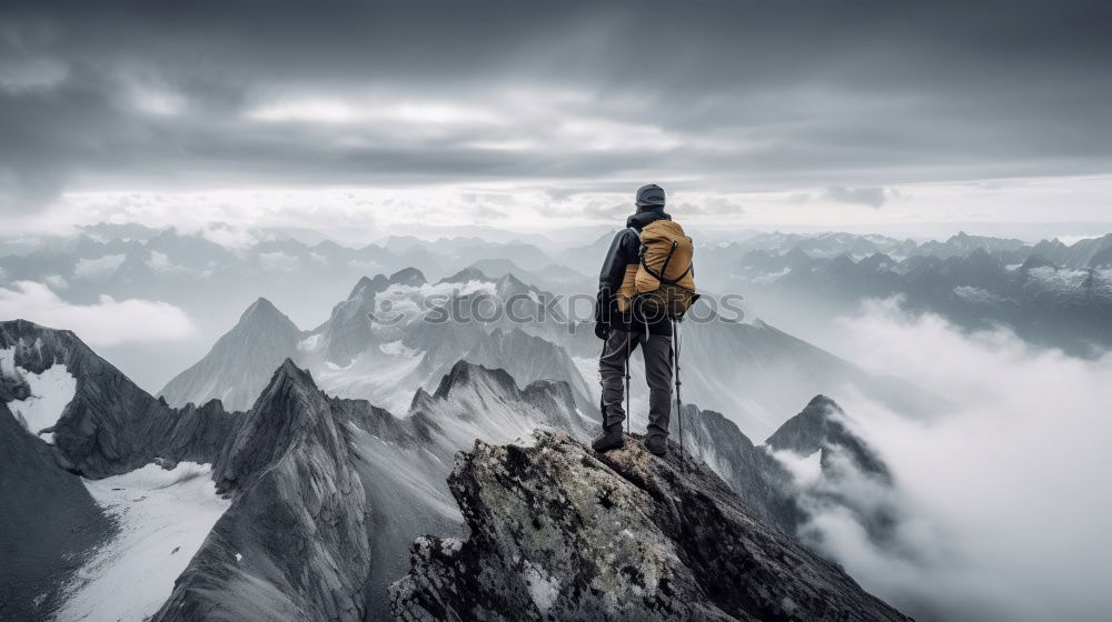 Similar – Tourist standing on stone in mountains