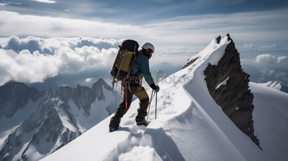 Similar – Climber helps another climber to reach the top of a mountain