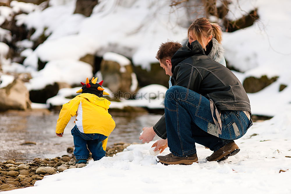 Similar – Image, Stock Photo Friends playing snowballs in woods