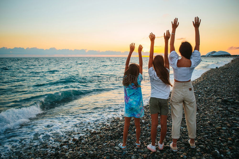 Similar – Image, Stock Photo Group of happy friends celebrating with drinks in sunset