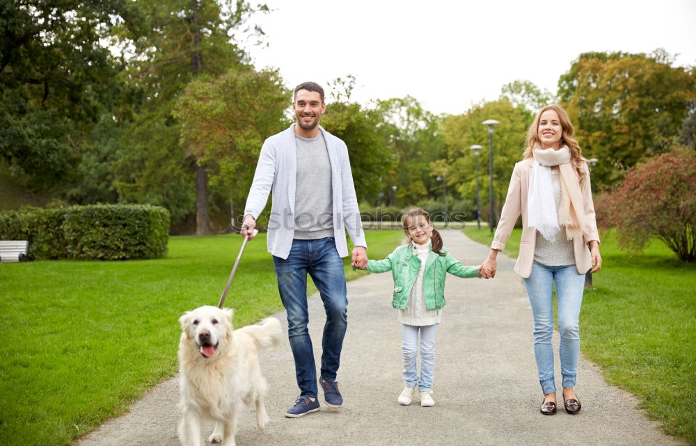 Similar – Image, Stock Photo Portrait of happy family enjoying together leisure over a wooden pathway into the forest