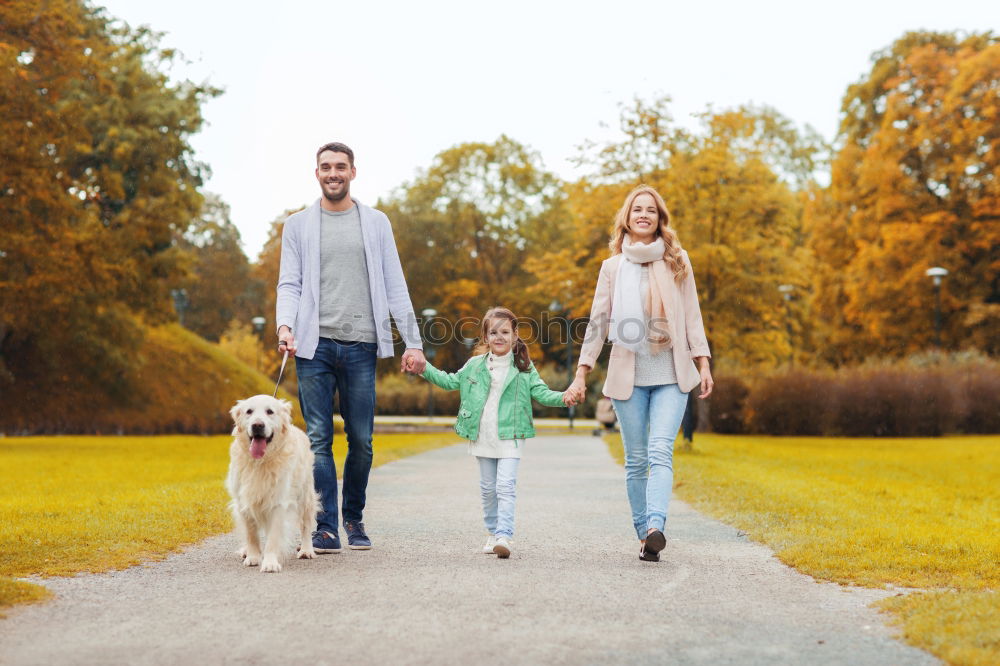 Similar – Image, Stock Photo Portrait of happy family enjoying together leisure over a wooden pathway into the forest