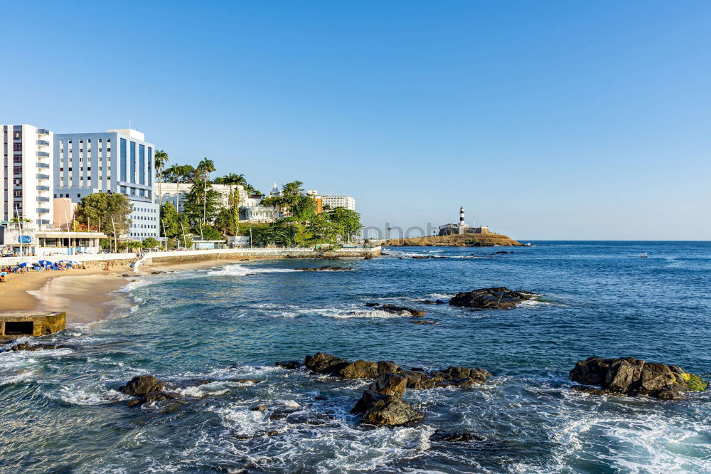 Similar – Scenic aerial view of city on ocean shore