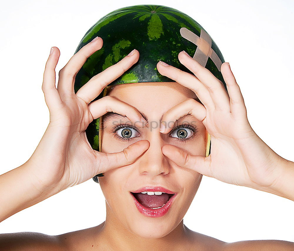 Similar – Not so young woman finally biting in watermelon