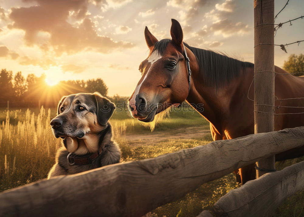 Beautiful little girl and her dog playing at sunset together