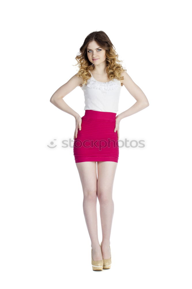 Similar – Image, Stock Photo young redhead woman with curls and freckles stands barefoot in hot pants in front of white door and smiles
