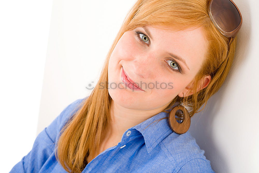 Similar – Side portrait of beautiful freckled blonde woman smiling at camera