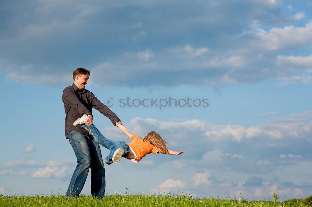 Similar – Image, Stock Photo Father and daughter playing with cardboard toy airplane