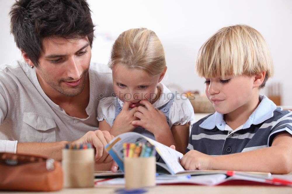 Image, Stock Photo Teenagers sitting by a blackboard at school