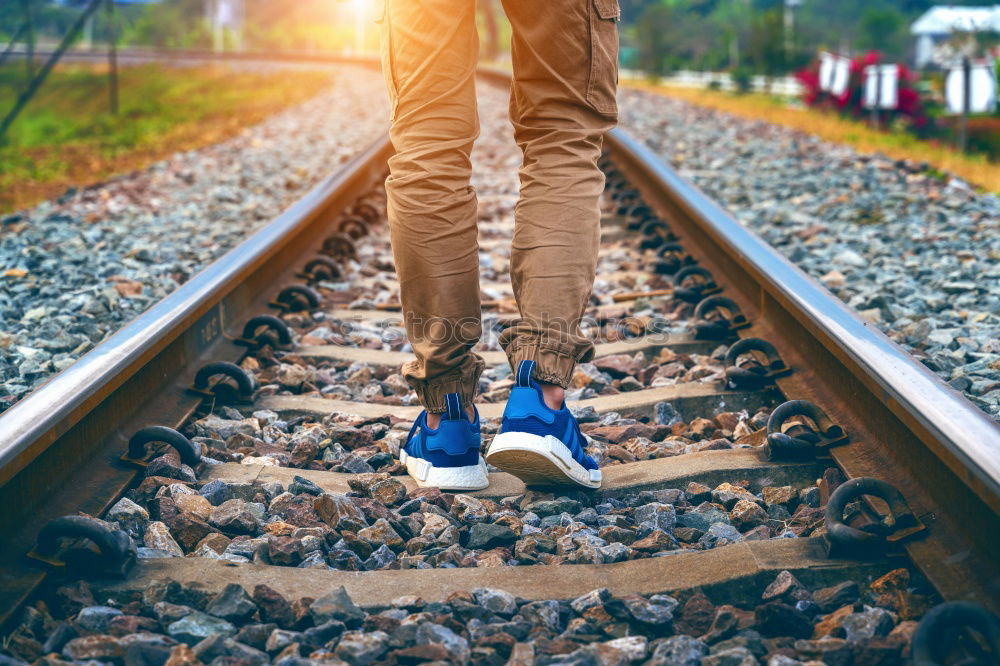 Image, Stock Photo Long shadows of pedestrians between tram tracks