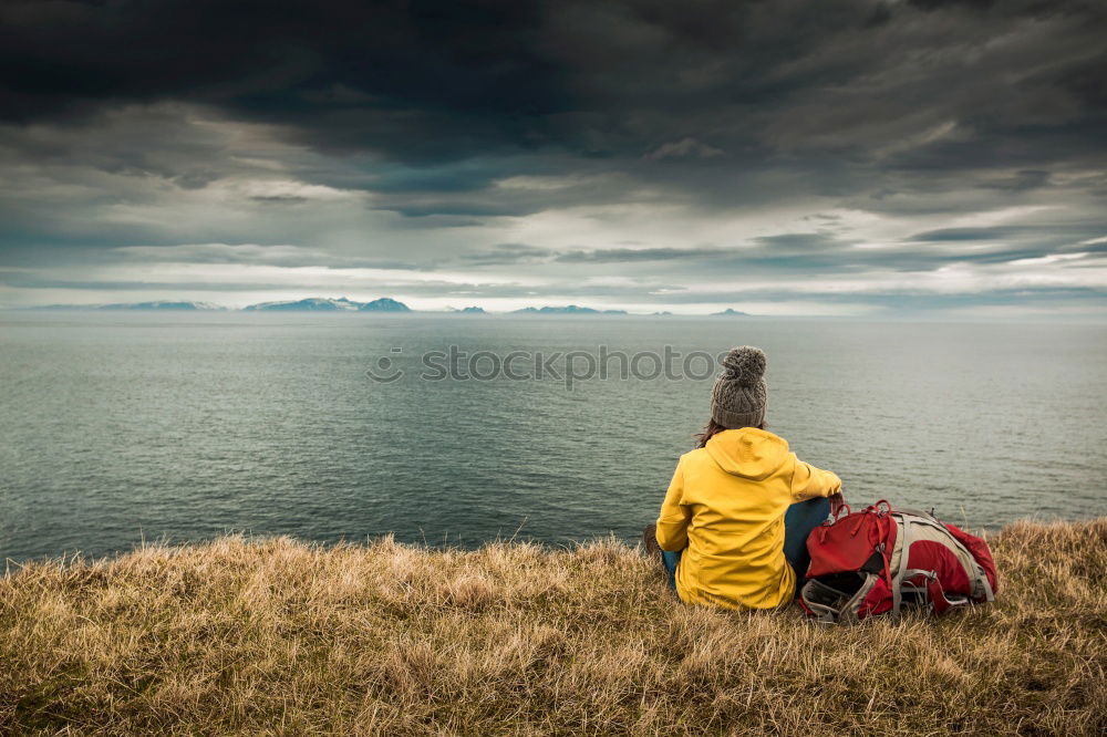 Similar – Image, Stock Photo Walk in hilly meadows and coastal landscape