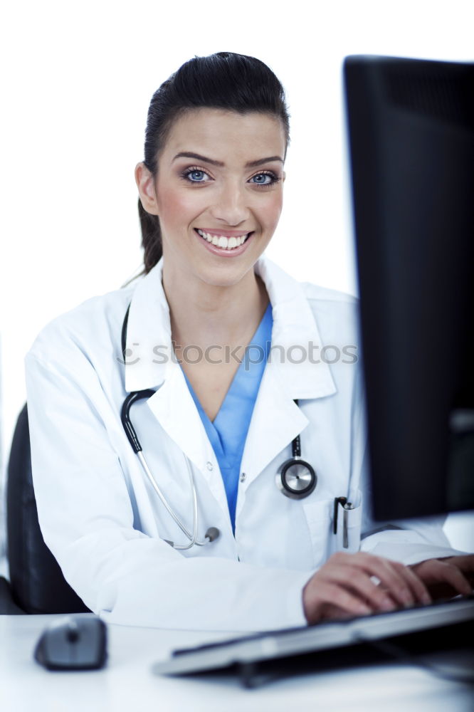 Similar – Smiling Female Doctor With Face Mask Wearing Scrubs In Busy Hospital During Health Pandemic