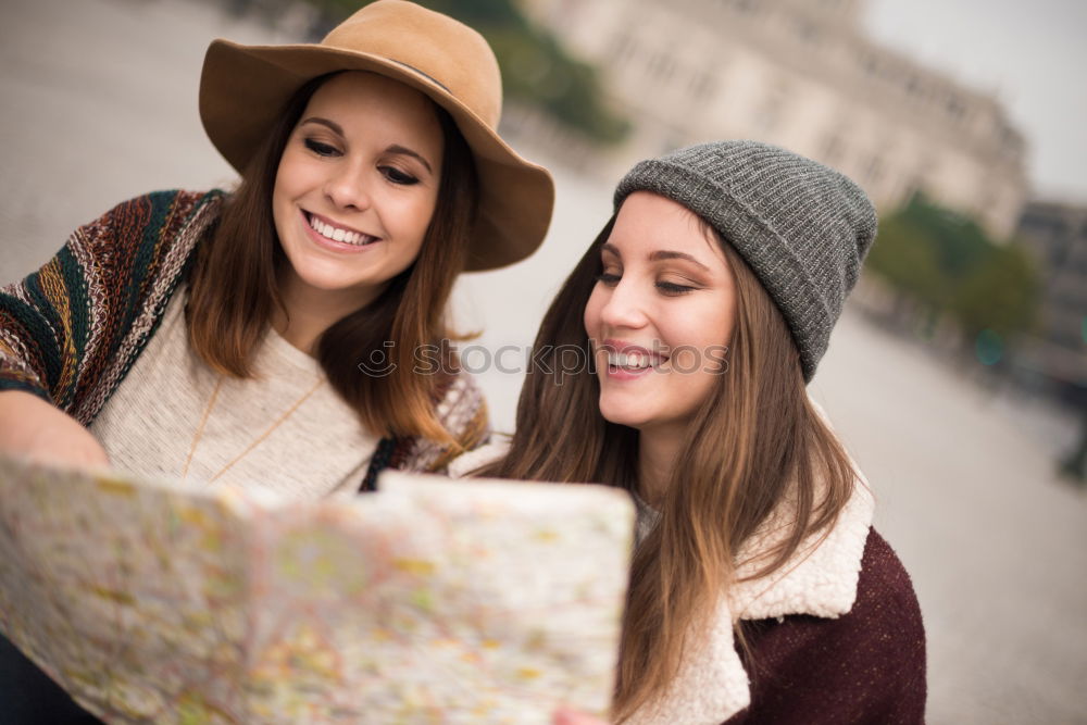 Similar – Image, Stock Photo Two girls sitting on the bench and smile