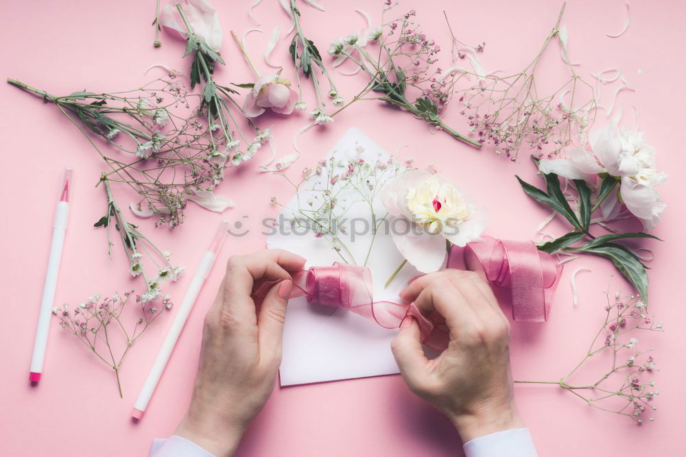 Image, Stock Photo Female hands write greeting card with flowers