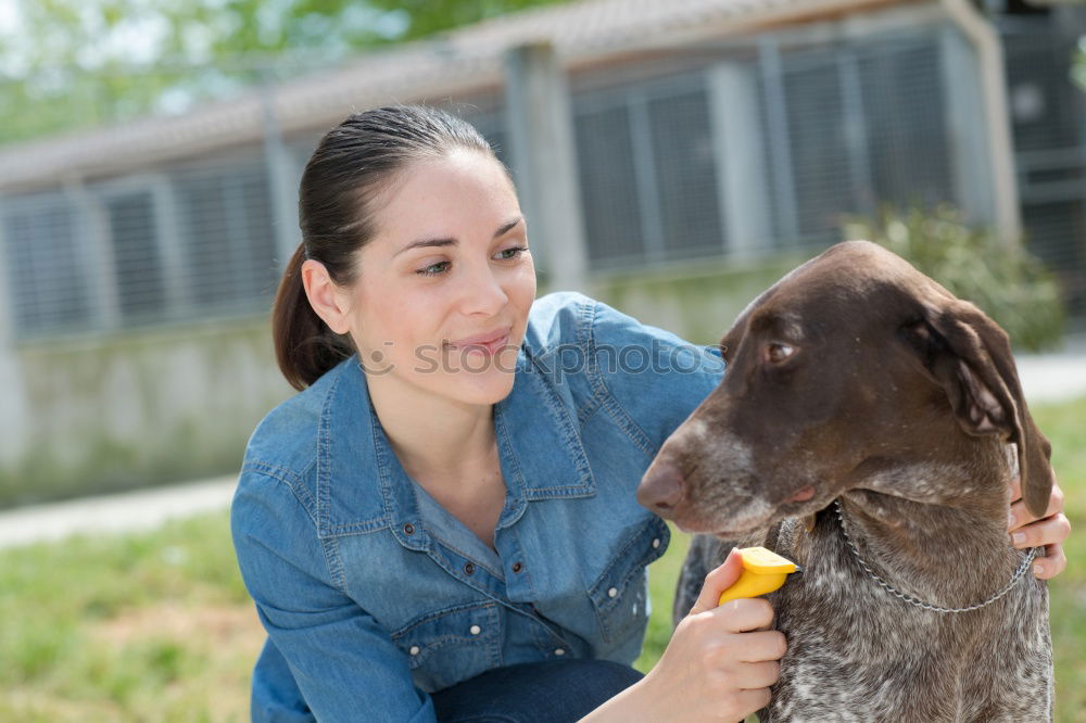 Similar – young woman with long brunette hair squats smiling on a meadow and looks at her dog