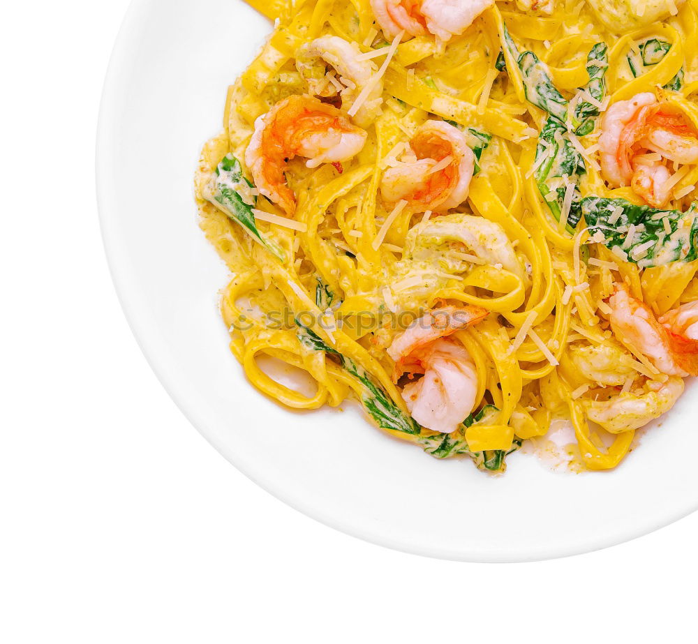 Spaghetti seafood in plate, top view