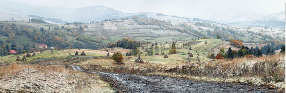 Similar – Image, Stock Photo autumn panorama in mountain hills. Village in October valley