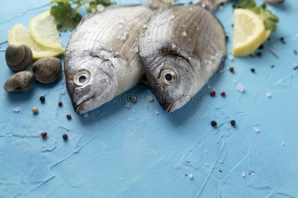 Image, Stock Photo Sea bass on kitchen table with lemon and rosemary