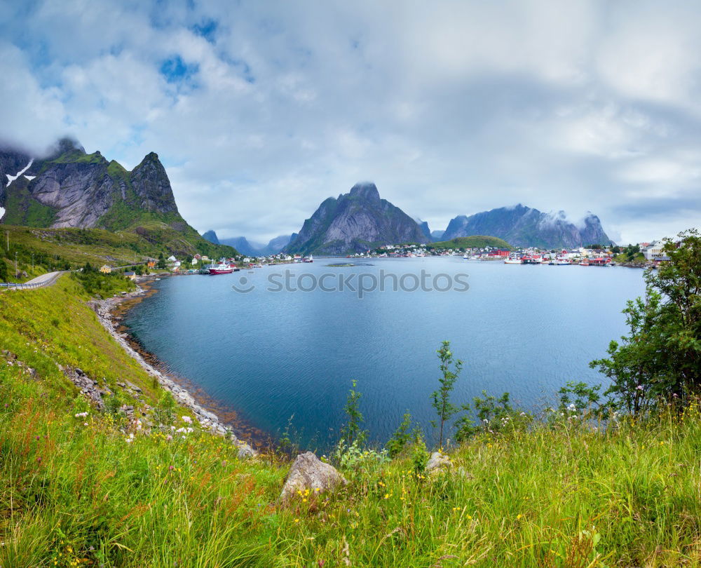 Similar – Image, Stock Photo Norway village Reine on a fjord. Nordic cloudy summer day.