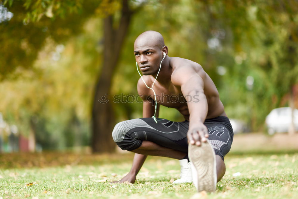 Similar – Image, Stock Photo Shirtless black man doing stretching in urban park.