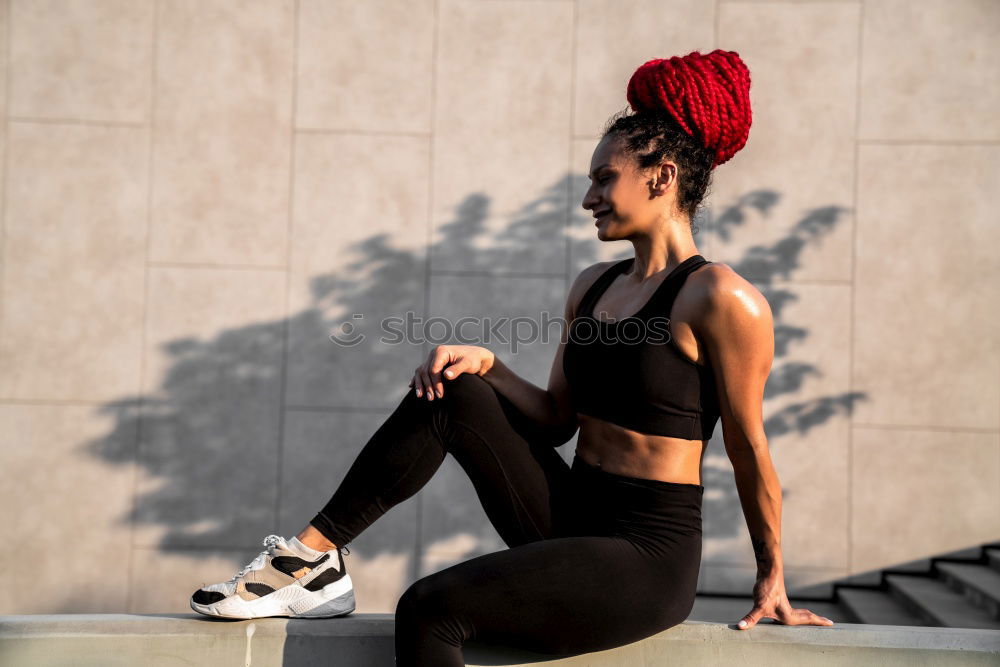 Similar – Image, Stock Photo Happy Arab woman, black curly hairstyle sitting on urban floor.