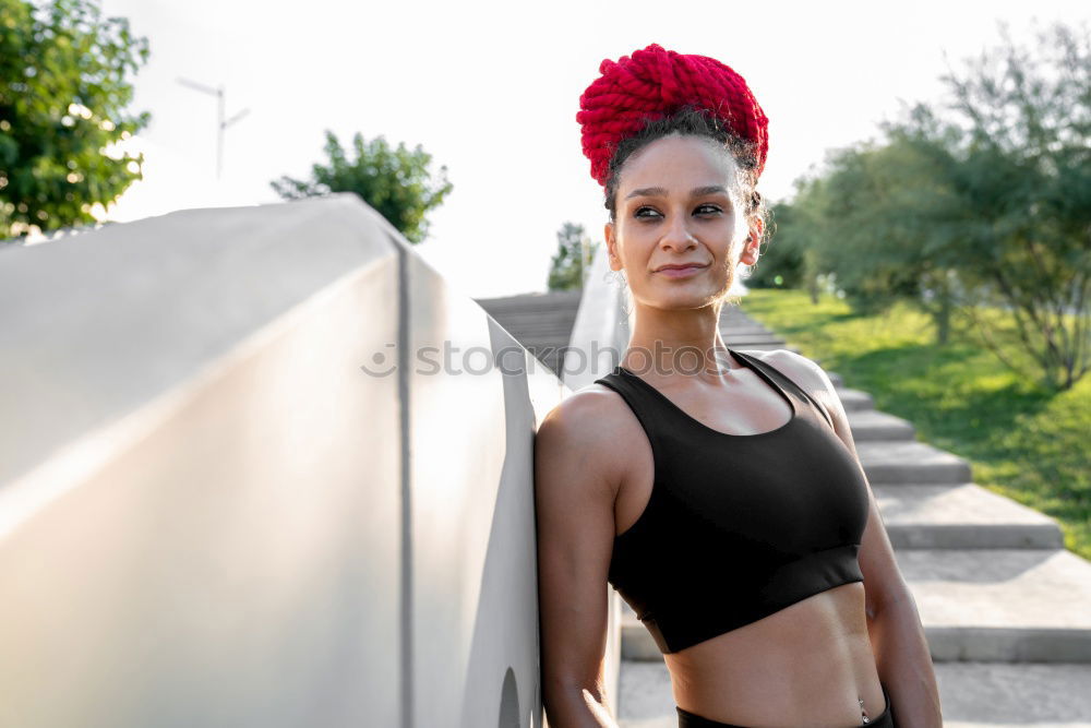 Similar – Image, Stock Photo close up portrait of a woman doing sport resting outdoor smiling and listening music
