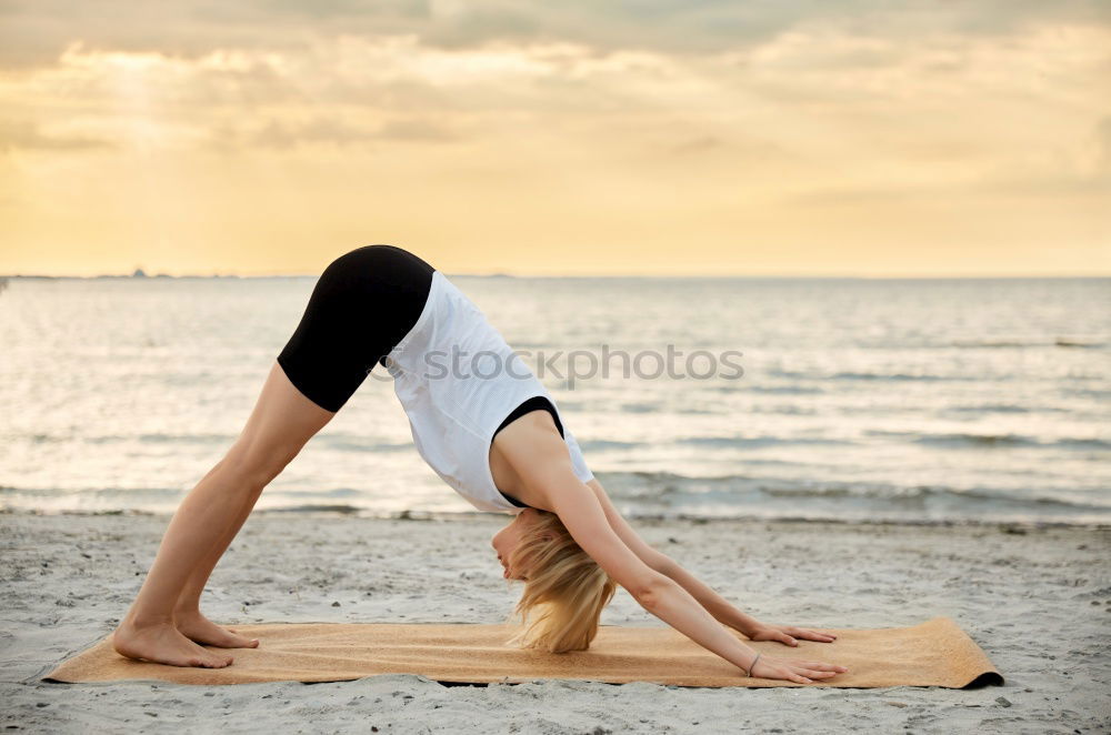 Similar – Image, Stock Photo Caucasian blonde woman practicing yoga in the beach