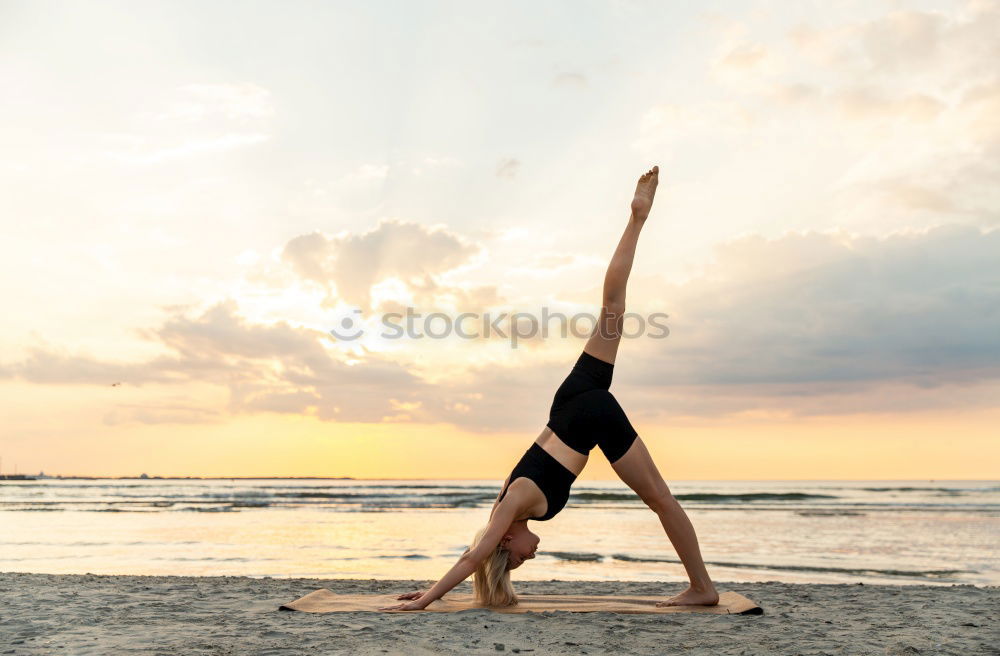 Similar – Image, Stock Photo Young caucasian woman doing yoga on road in sunset