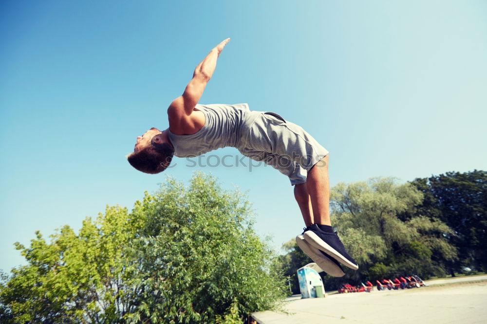 Similar – Motion shot of a young sportsman doing acrobatics in the city. Front flip trick