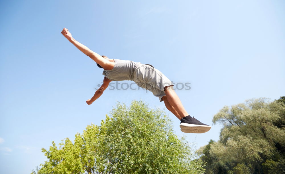 Similar – Motion shot of a young sportsman doing acrobatics in the city. Front flip trick