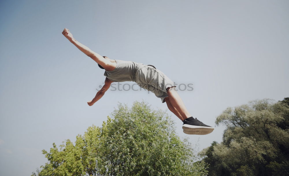 Similar – Motion shot of a young sportsman doing acrobatics in the city. Front flip trick