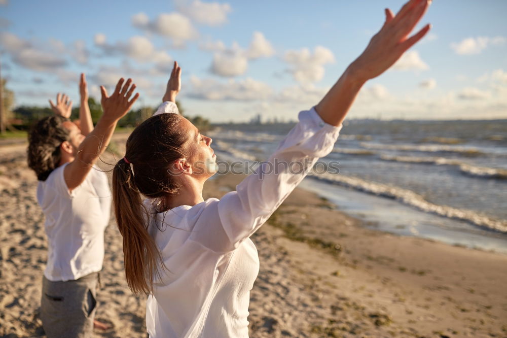 Similar – Image, Stock Photo Group of happy friends celebrating with drinks in sunset