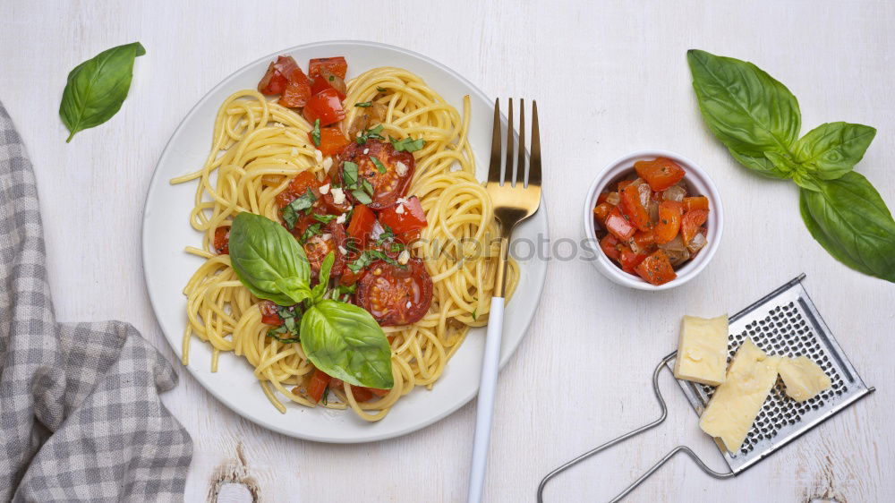 Similar – Image, Stock Photo Spaghetti pasta with tomato sauce, basil and cheese