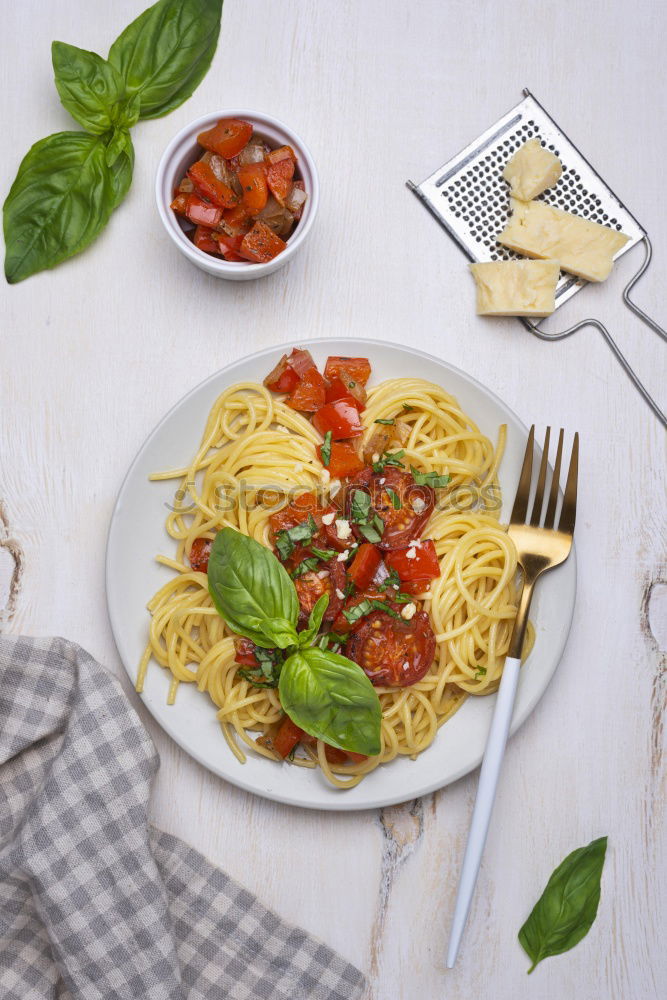 Image, Stock Photo Spaghetti pasta with tomato sauce, basil and cheese