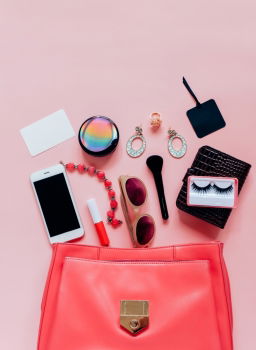 Similar – Flat lay of leather woman bag open out with cosmetics