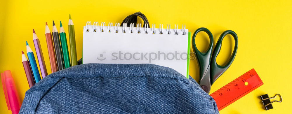Similar – Image, Stock Photo Backpack and school supplies: magnifying glass, notepad