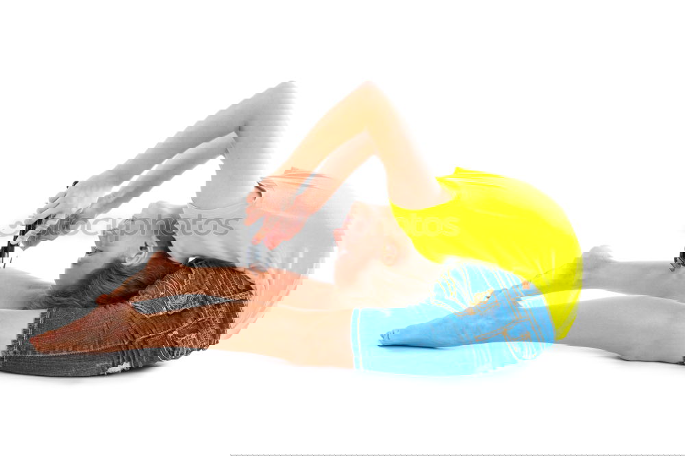 Similar – Image, Stock Photo Young, athletic, slender woman stands sideways in front of a white wall with her head bent forward so that her long brunette hair hangs down in front of her face