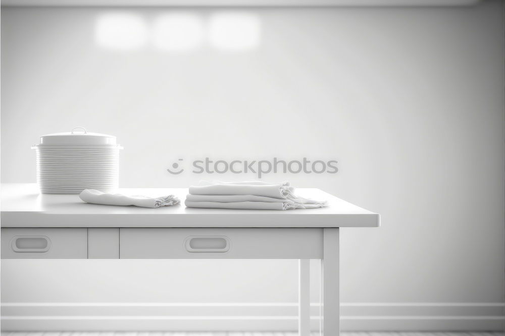 Image, Stock Photo Espresso maker and plates in kitchen shelf