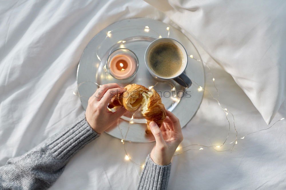 Similar – Image, Stock Photo Flatlay of wooden tray with cup of coffee, peaches, creamer