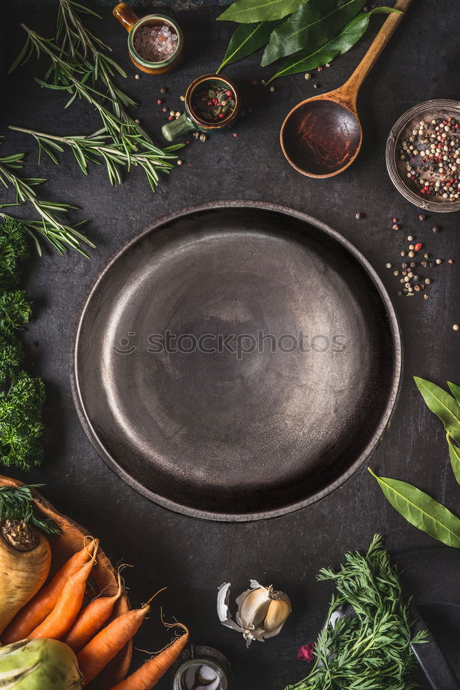 Similar – Image, Stock Photo Empty wok pan on kitchen table with chopsticks and vegetarian Asian food ingredients, top view. Copy space.  Healthy eating and cooking