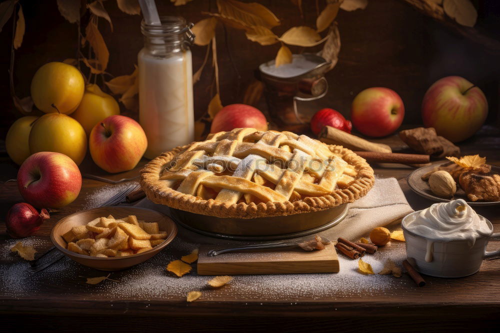 Similar – Image, Stock Photo baked round apple pie and one cut piece on a plate