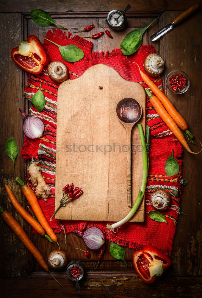 Image, Stock Photo Fresh vegetables around chopping board with cooking spoon