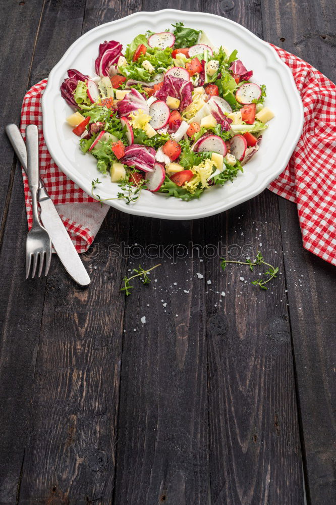 Similar – Image, Stock Photo Arugula salad with roasted radishes and feta cheese