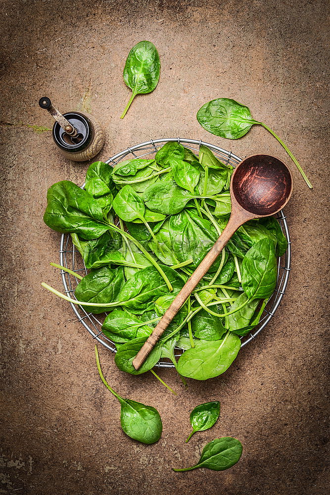 Image, Stock Photo Fresh spinach leaves and cooking spoons