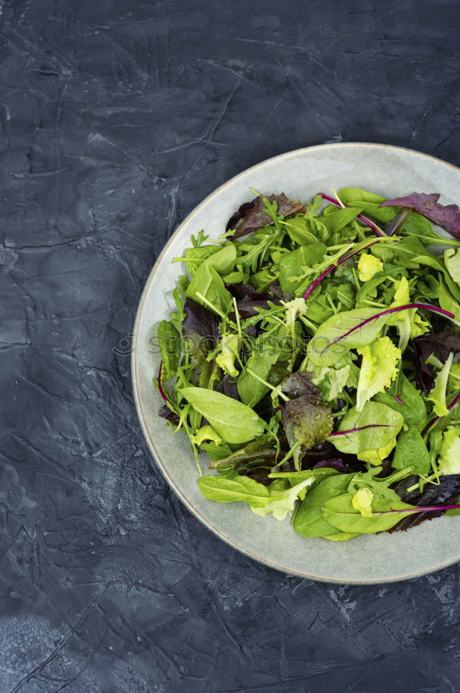 Similar – Healthy green salad with dressing on dark background