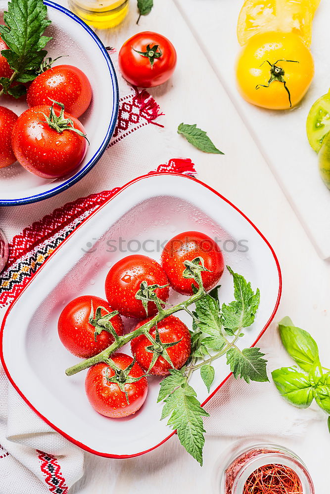 Image, Stock Photo Colorful tomatoes in enamel bowls