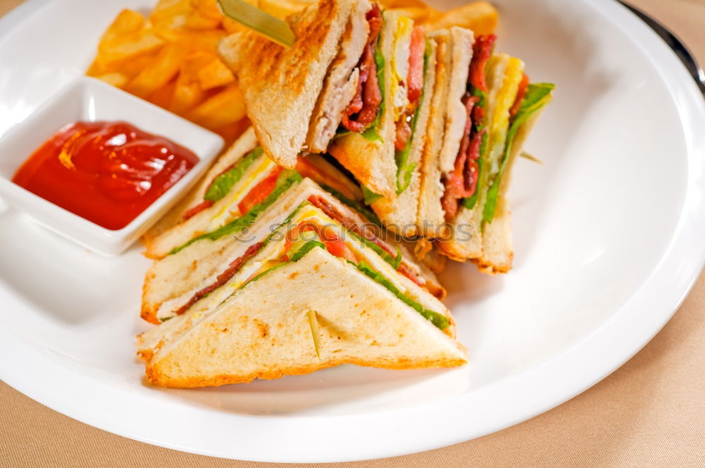 Similar – Image, Stock Photo Fresh healthy sandwich with bread, ham and vegetables.