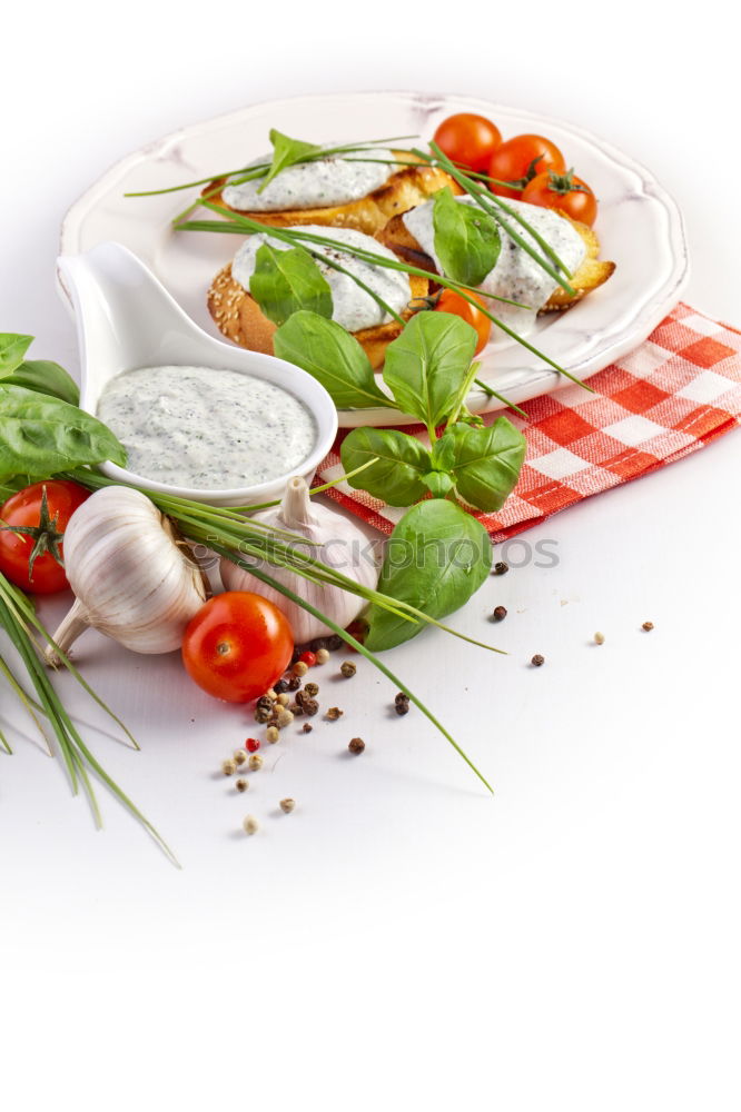 Similar – Image, Stock Photo Italian cheese burrata with bread, vegetables and herbs